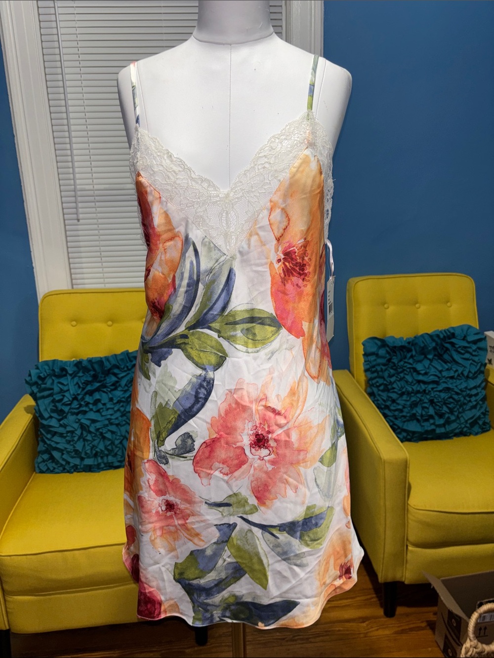Floral Lace-Trim Slip Dress - White with Multicolor Floral Print